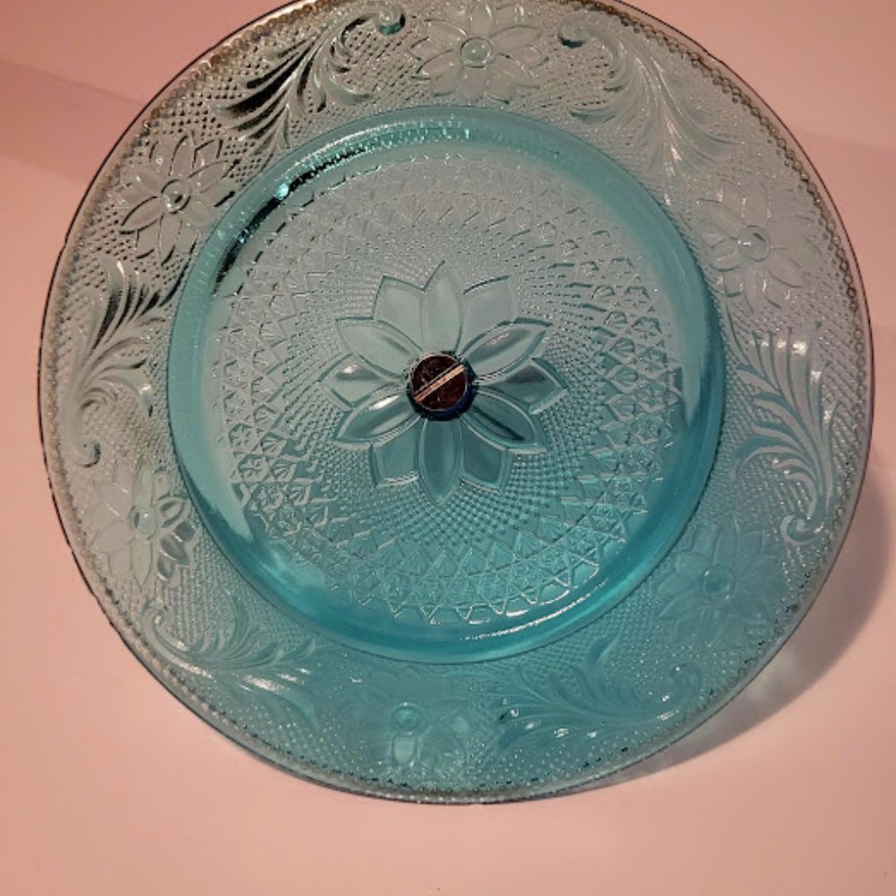 Vintage Blue Indiana Glass Tiara serving Relish, Sandwich Tray Dish with Handle - Picture 3 of 5